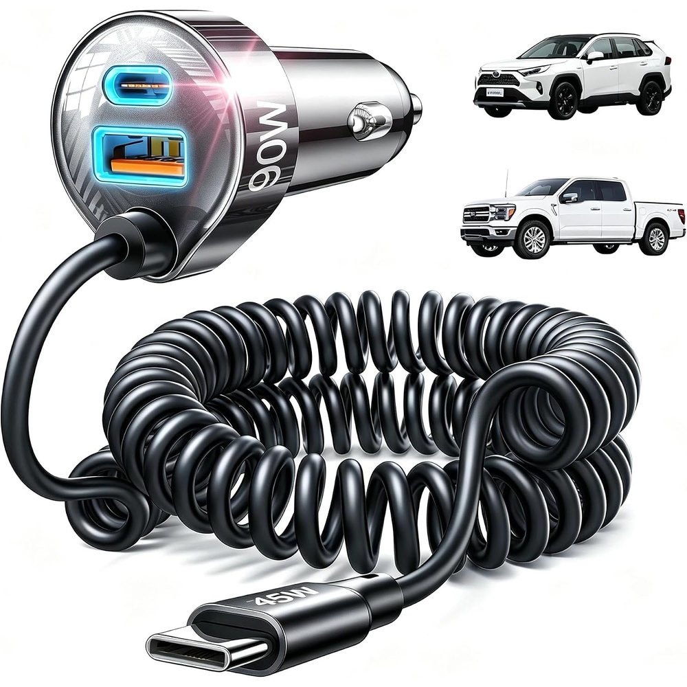 image:imageLISEN Car Charger with 45W Builtin USBC 36 inch Coiled Cable 90W MultiPort Fast Charging Cigarette Lighter Adapter for iPhone 171615 Pro Max Samsung Galaxy S26 Ultra BlackBlack90inch