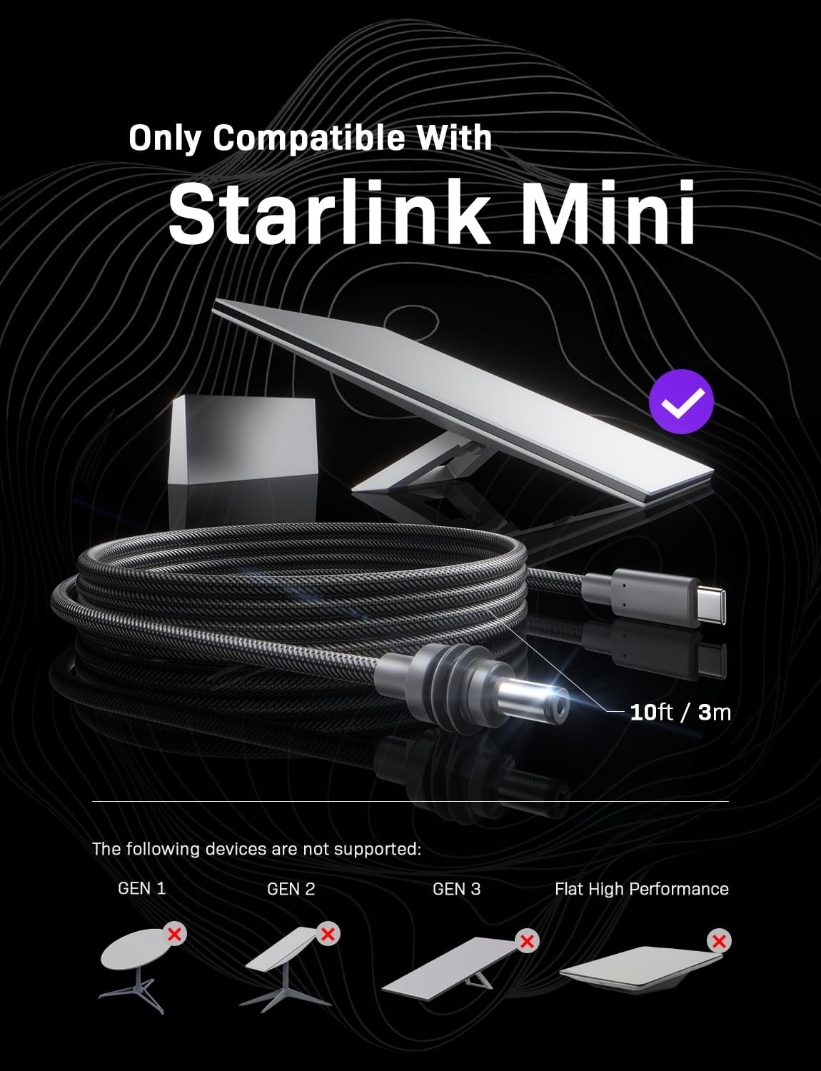 image:imageLISEN Starlink Mini Cable 100W 18AWG Starlink Mini USB C Power Cable Nylon Braided Star Link Mini Power Supply EMarker Chip Protection Waterproof Works with 100W PD Power Sources10FT