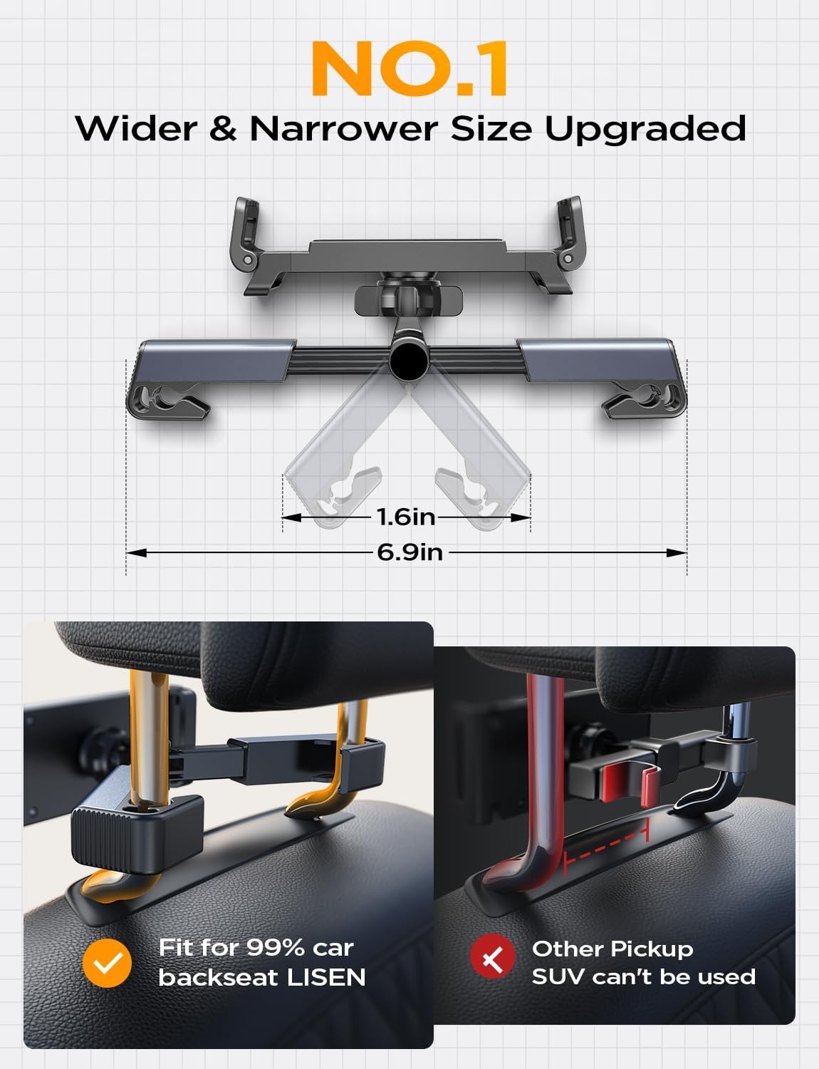image:imageLISEN Car Headrest Tablet Holder 3 in 1 Extension Arm Adjustable Tablet Car Mount for Back Seat 4711947129