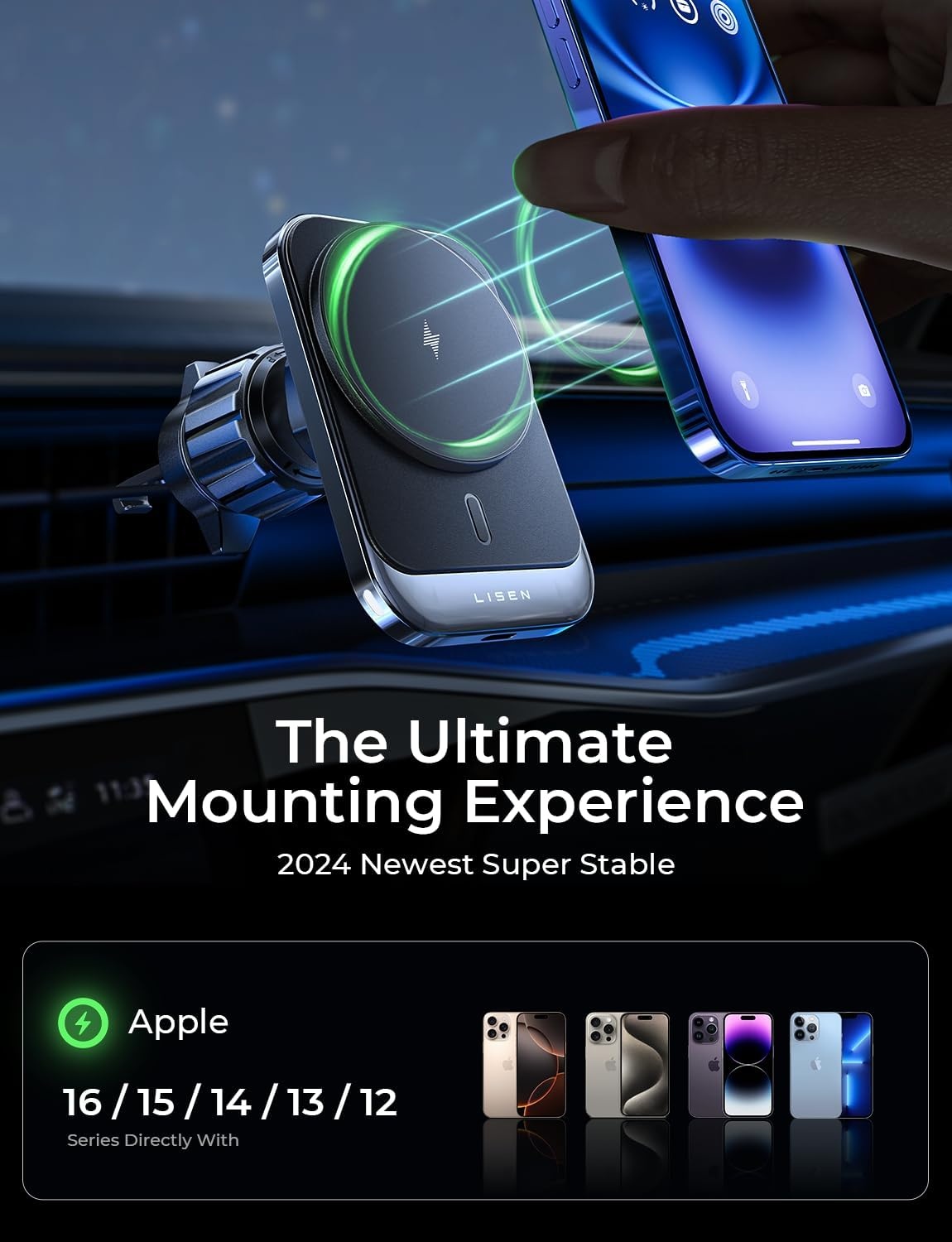 image:imageLISEN 15W MagSafe Car Mount Charger Magnetic Wireless Car Phone HolderPearlescent Black