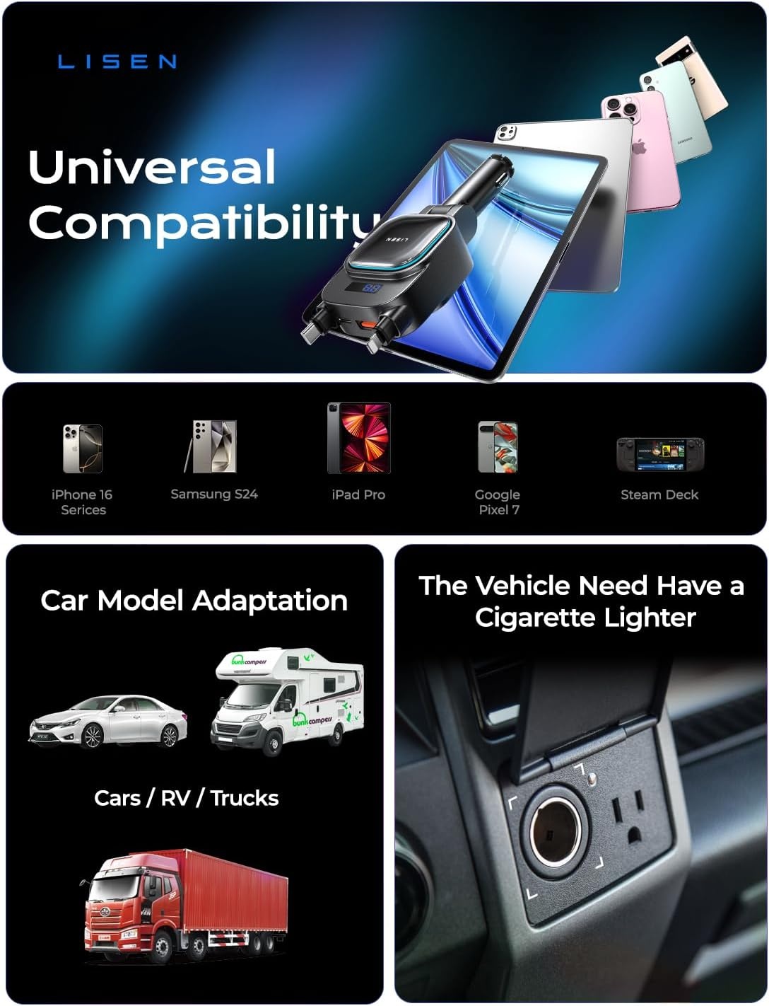 image:imageLISEN 96W 4 in 1 Retractable Car Charger with USB C amp Lightning Cable for iPhone 17 Pro Max 16 15 14 13 12 Samsung Galaxy S25 S24 Android Fast Charging Cigarette Lighter Adapter