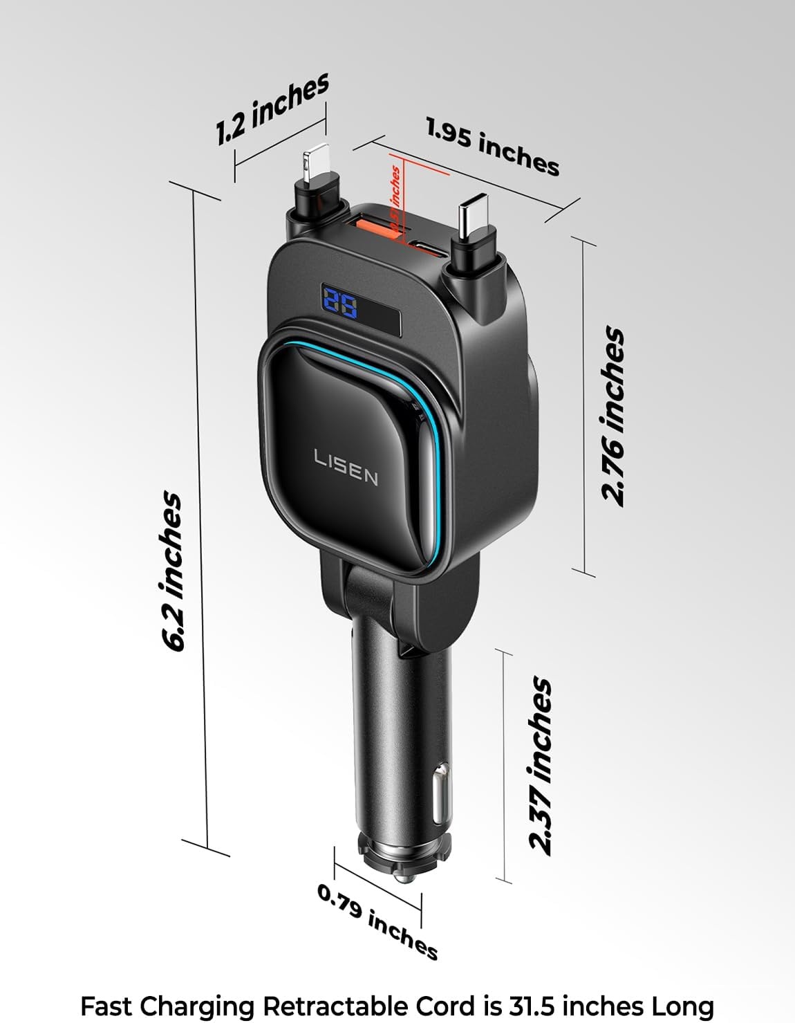 image:imageLISEN 96W 4 in 1 Retractable Car Charger with USB C amp Lightning Cable for iPhone 17 Pro Max 16 15 14 13 12 Samsung Galaxy S25 S24 Android Fast Charging Cigarette Lighter Adapter