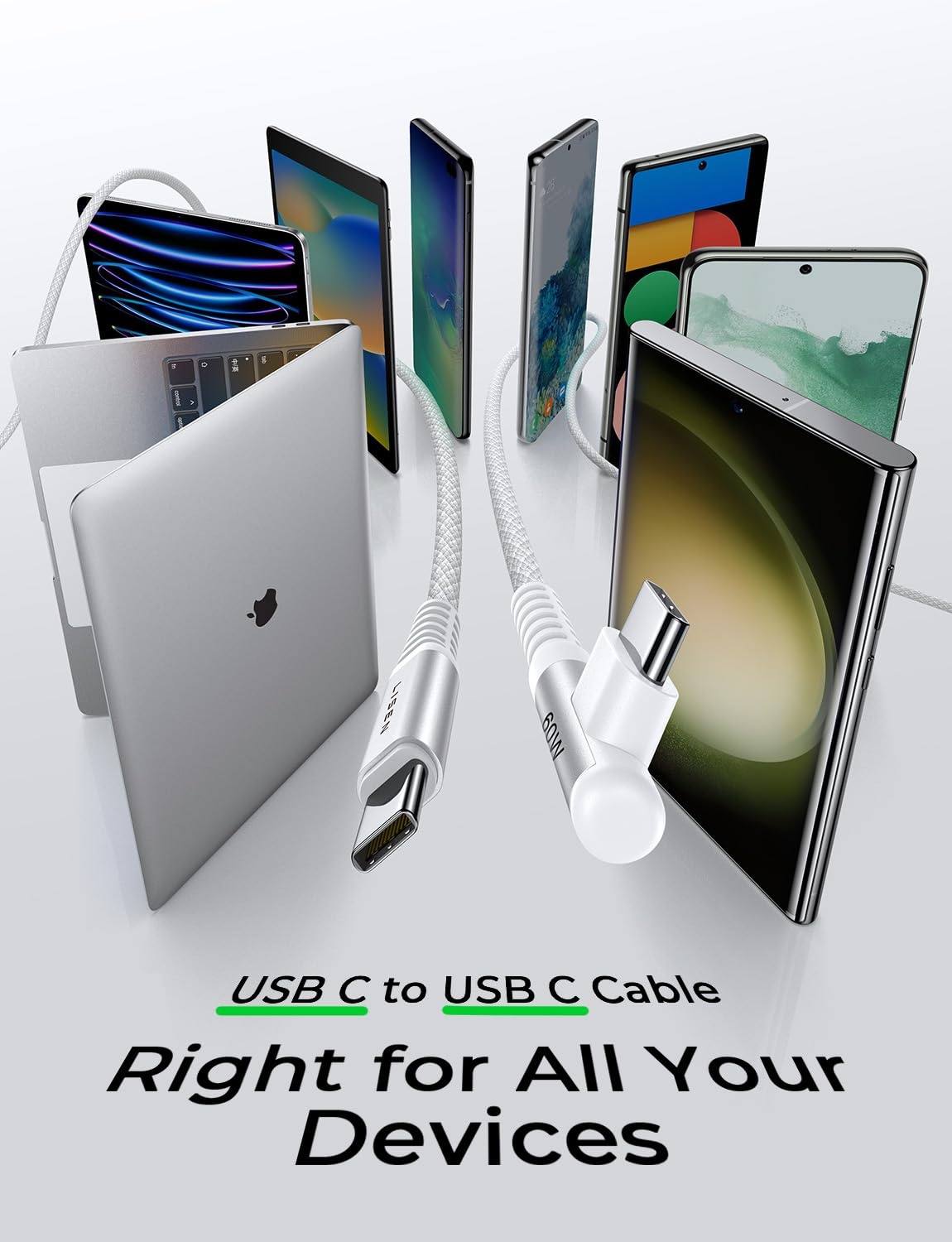 image:imageLISEN USB C to USB C Cable 66ft 2 Pack 60W3A USB C Charger Cable Fast Charge Right Angle Compatible with Samsung S23 S22 S21 Note 20 Ultra iPad Pro 129 Air Mini MacBook Air PixelWhite