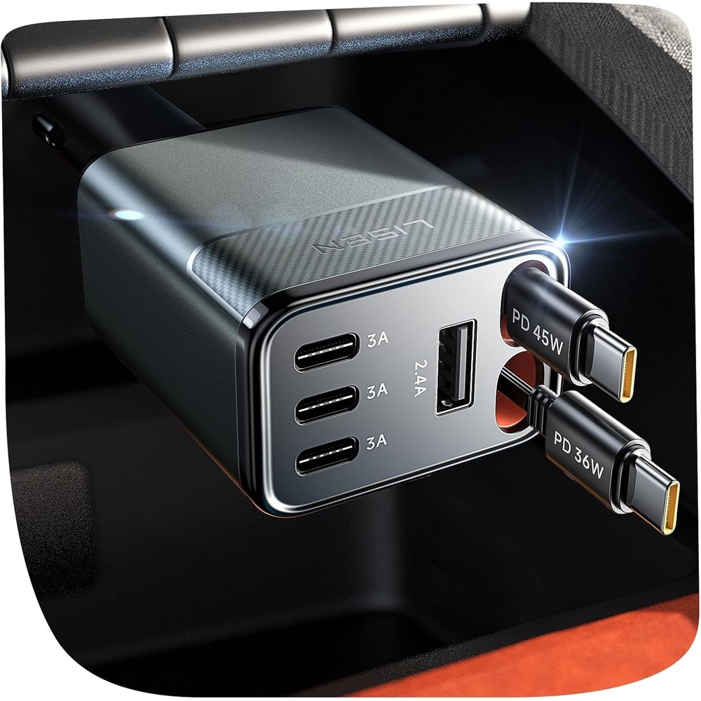 image:imageLISEN 138W Retractable USB C Car Charger Fast Charge 6Port for iPhone 17Grey